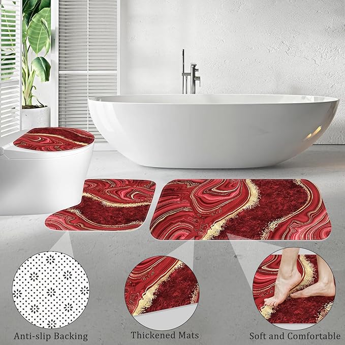 4PCS Red Marble Shower Curtain Sets with Rugs, Abstract Bathroom Sets with Shower Curtain and Rugs, Modern Bathroom Curtains Shower Set with Toilet Lid Cover Accessories for Bathroom Decor