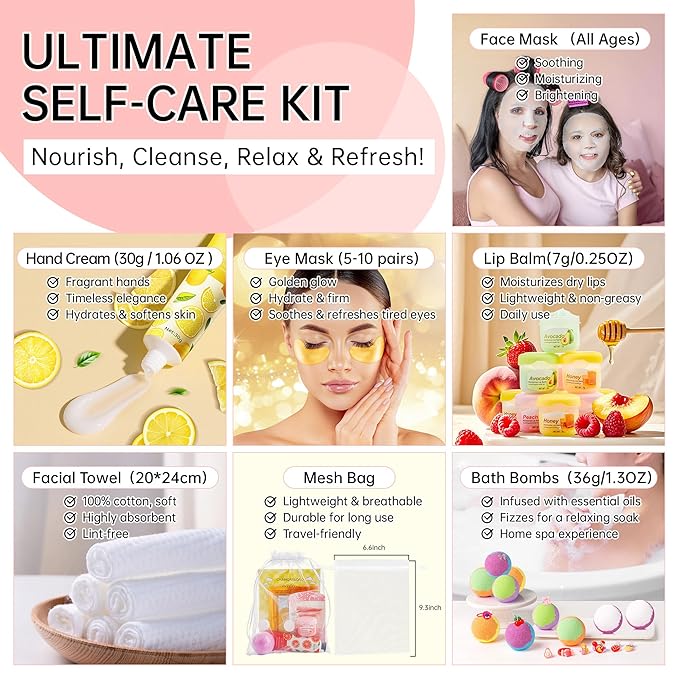 35 Pcs Spa Party Supplies for 5 – Spa Gifts for Women, Girls & Kids | Spa Set with Eye & Face Masks, Lip Balm, Hand Cream, Bath Bombs, Towels & Gift Bags | Spa Kit for Birthdays, Sleepovers, Spa Days