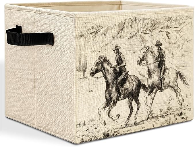 Vintage Western Cowboy Storage Bins Box with Handles, Rustic Wild West Desert Cowboy Riding Horse Laundry Basket Hamper Collapsible Clothes Toys Organizer for Bedroom Bathroom Home