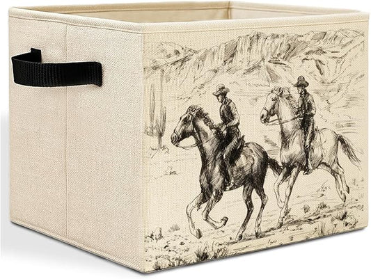 Vintage Western Cowboy Storage Bins Box with Handles, Rustic Wild West Desert Cowboy Riding Horse Laundry Basket Hamper Collapsible Clothes Toys Organizer for Bedroom Bathroom Home