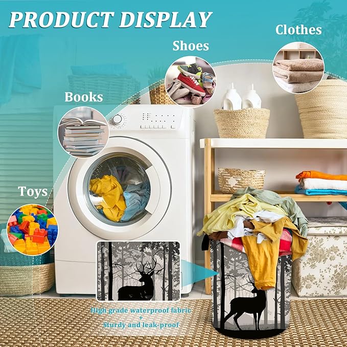 Deer Pine Tree Laundry Basket, Foggy Forest Laundry Hamper Foldable Waterproof Funny Tote Bag Dirty Clothes Storage Bucket Toy Organizer for Bathroom/Laundry/Bedroom 15.7"x19.6"
