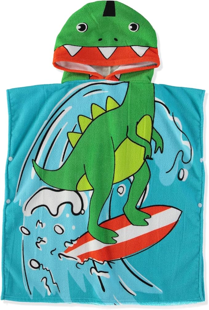 Boys and Girls Absorbent Hooded Beach Towel Pullover Character Microfiber Bath Towel with Side Snaps (Dino, 4-5)