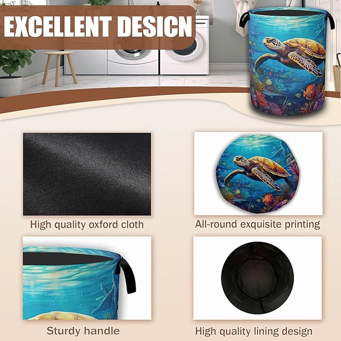 Sea Turtle Laundry Basket,Waterproof FoldableTropical Coral Reef Fish Laundry Hamper,Dirty Clothes Basket, Linen Bin Storage Organizer Collection 16" x 20.8"