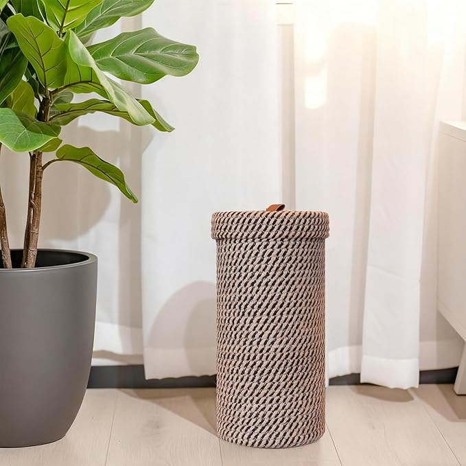 Handmade Cotton & Jute Toilet Paper Holder – Woven Toilet Paper Stand & Storage Basket with Lid, Freestanding Organizer for Bathroom, Fits 3 Mega Rolls 14" x 7''