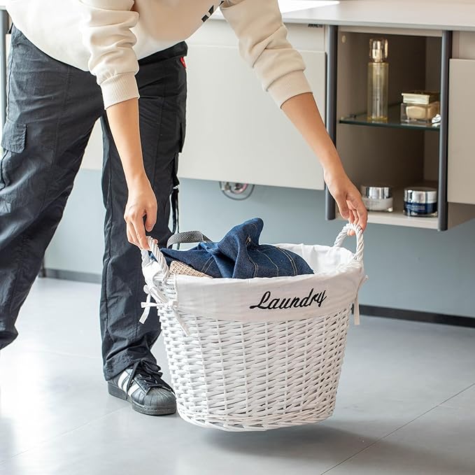 Wickerwise Handwoven Laundry Basket with Liner & Handles - Boho Decorative Storage Hamper for Clothes Blankets Pillows and Towels - Ideal for Laundry Room Bathroom Bedroom and Living Room, White