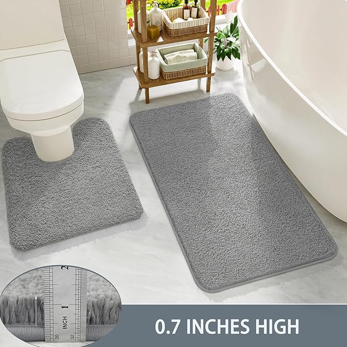 HOMORE Bathroom Rug Set 2 Piece,Soft Absorbent Bath Mats Set,Machine Washable Gray Bath Rug Sets for Bathroom Non Slip,(21"x34"+21"x21") Plush Shaggy U Shape Contour Toilet