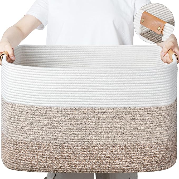 danpinera Large Woven Basket 108L+50L Rectangle Toy Storage Basket for Living Room, Nursery & Laundry, Large Cotton Rope Basket with Leather Handle, Gradient Brown&Gray
