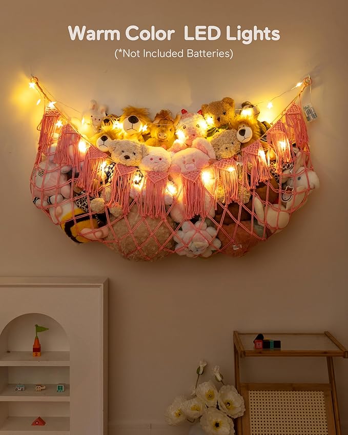 Stuffed Animal Storage Hammock or Net with Lights- Big Wall Hanging Stuff Animal Organizer Holder for Plush Plushie, Boho Macrame Toy Hammock for Girs Kids Bedrooms Playroom Nursery（Pink）