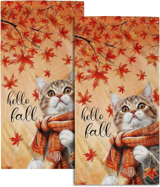 Hello Fall Hand Towel Autumn Cat Maple Leaves Kitchen Towels Set of 2 Soft Absorbent Face Towels Cute Animal Orange Leaves Small Bath Towel for Home Bathroom Hotel Spa Gym 14.4"x 28.3"