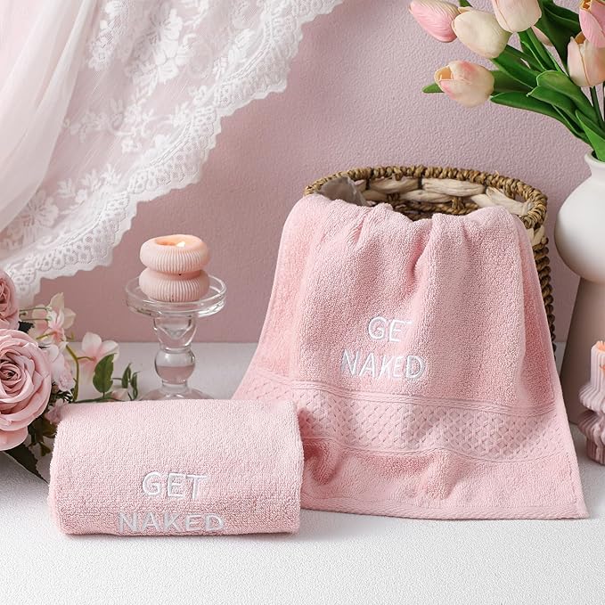 2 Pcs Get Naked Hand Towels 100% Cotton Embroidered Bathroom Pink Towel Modern Decorative Housewarming Gifts, Funny Bathroom Decor 29 x 13 Inch