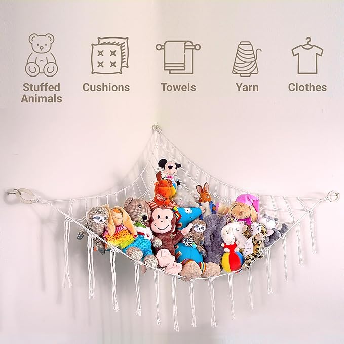 Large Stuffed Animal Hammock Corner - Stuffed Animal Storage - 100% Natural Cotton Macrame Stuffed Animal Net - Stuff Animal Organizer - Net For Stuffed Animals Corner Large-Pink