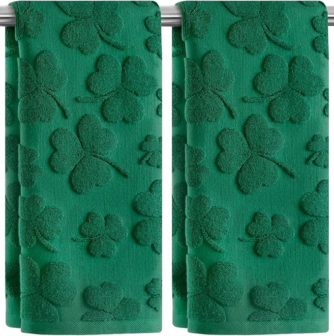 2 Pack St. Patrick's Day Hand Towels Kitchen Dish Towels Green Clover Shamrocks 100% Cotton Soft Absorbent Decorative Bathroom Towels Set for Drying, Cleaning, Cooking, 13.7'' x 29.5''