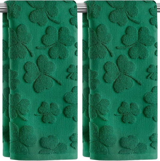 2 Pack St. Patrick's Day Hand Towels Kitchen Dish Towels Green Clover Shamrocks 100% Cotton Soft Absorbent Decorative Bathroom Towels Set for Drying, Cleaning, Cooking, 13.7'' x 29.5''