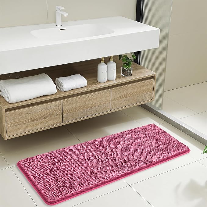 Hot Pink Bathroom Rugs 17"x47" - Plush Chenille Non-Slip Runner Bath Mat - Absorbent, Washable, Soft Decor for Shower, Sink, Tub, Kitchen, Home Accessories