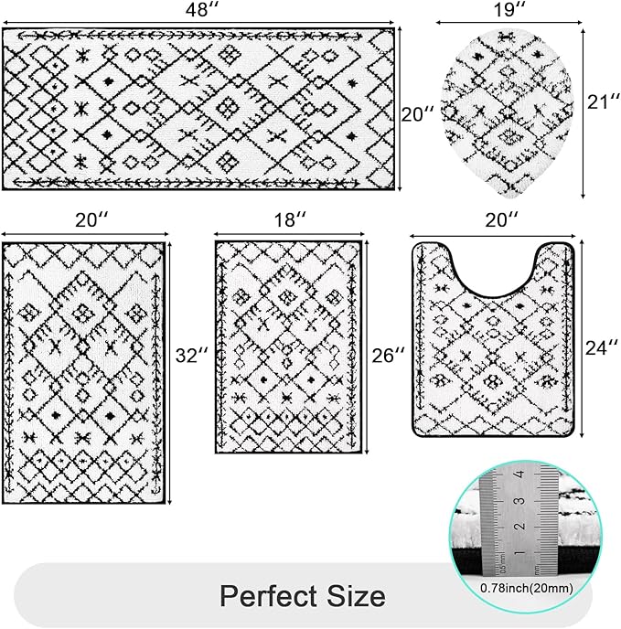 HEBE Bathroom Rug Sets 5 Piece, Soft Absorbent Bath Mats for Bathroom, Non Slip Machine Washable Bath Rugs Set with U Shaped Contour Toilet Rugs, Bath Runner and Toilet Lid Cover, White/Black