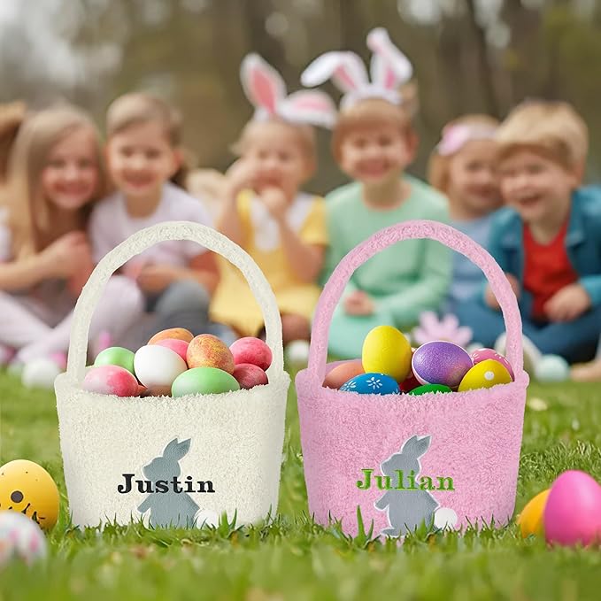 Easter Basket for Kids, VAPCUFF Easter Bunny Basket, Personalized Easter Baskets, Easter Basket with Name - - Pink Basket Grey Bunny