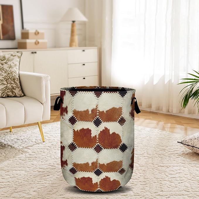 Vintage Brown Cowskin Laundry Basket, Laundry Hamper Collapsible Oxford Cloth with Handle Clothes Toy Storage Bin for Bathroom Laundry Room Bedroom 15.7 X 20 Inch