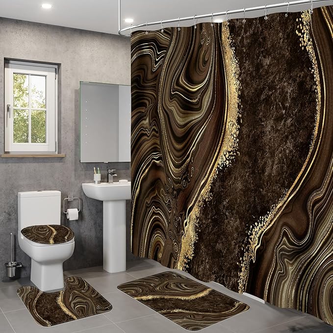 4PCS Brown Marble Bathroom Sets with Shower Curtain and Rugs, Modern Gold Shower Curtain Sets with Rugs for Bathroom Decor, Bathroom Curtains Shower Set with Toilet Lid Cover Accessories