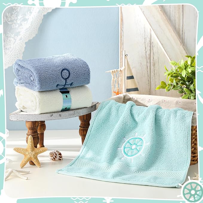 3 Pack Nautical Hand Towels for Bathroom 100% Cotton Embroidered Beach Bathroom Towels 13.78 x 29.53 Inch Soft Absorbent (White Green Blue, Lighthouse)