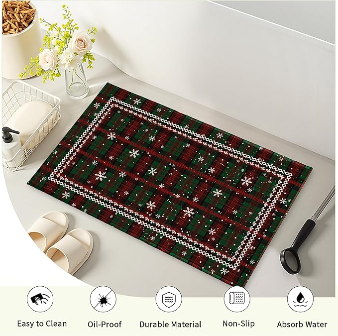 Green Christmas Bath Rug Xmas Red Green Buffalo Plaid Snowflakes Bathroom Mat Extra Soft Rug 20X32 Inch Plush Non Slip Absorbent Holiday Doormat for Bathroom Entryway Living Room