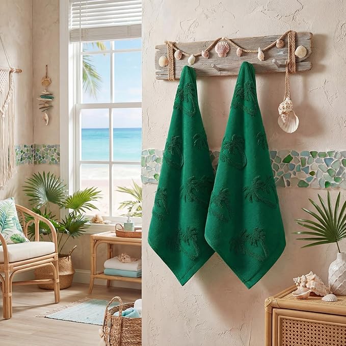 2 Pcs Tropical Palm Tree Hand Towels for Bathroom Green 100% Cotton Jacquard Weave Hand Towels Absorbent Soft for Spring Summer Home Bathroom Kitchen Decor, 29.5 x 13.8 Inch