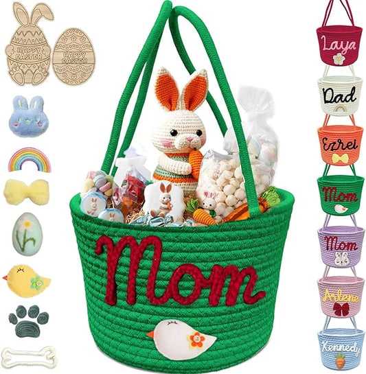 Personalized Easter Basket for Boys Girls Custom Name Baskets with Handle Woven Rope Rabbit Eggs Bucket Gifts