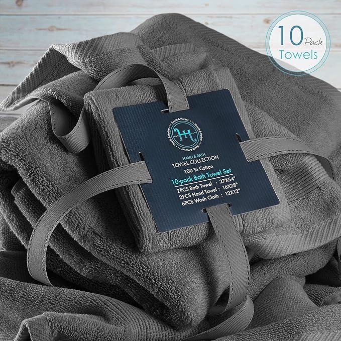 Hearth & Harbor Bath Towels for Bathroom - 100% Ring Spun Cotton Luxury Bathroom Towels - Ultra Soft & Highly Absorbent, Bath Towels Set of 10 - Dark Gray