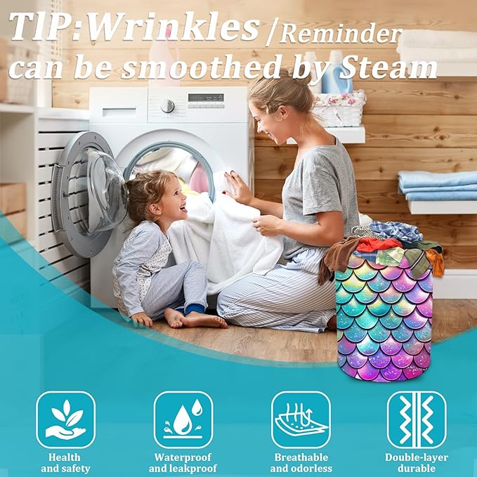 Mermaid Scale Laundry Basket, Glitter Rainbow Laundry HamperFoldable Waterproof Funny Tote Bag Dirty Clothes Storage Bucket Toy Organizer for Bathroom/Laundry/Bedroom 15.7"x19.6"