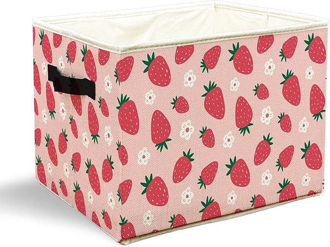 Pink Strawberry Storage Bins with Handles, Girly Room Decor Aesthetic, Preppy Cute Floral Strawberry Fruit Collapsible Laundry Basket Storage Box for Home Bedroom Bathroom Clothes Toys Books