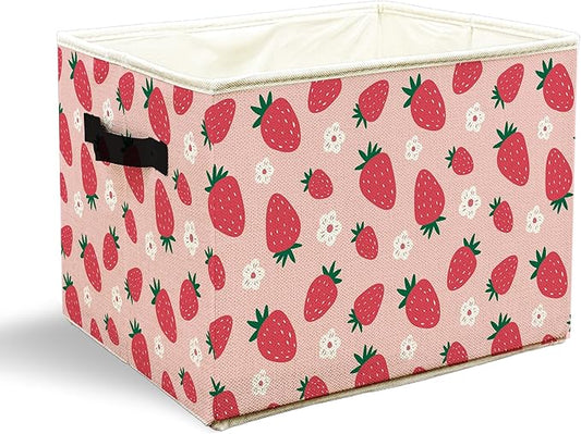 Pink Strawberry Storage Bins with Handles, Girly Room Decor Aesthetic, Preppy Cute Floral Strawberry Fruit Collapsible Laundry Basket Storage Box for Home Bedroom Bathroom Clothes Toys Books