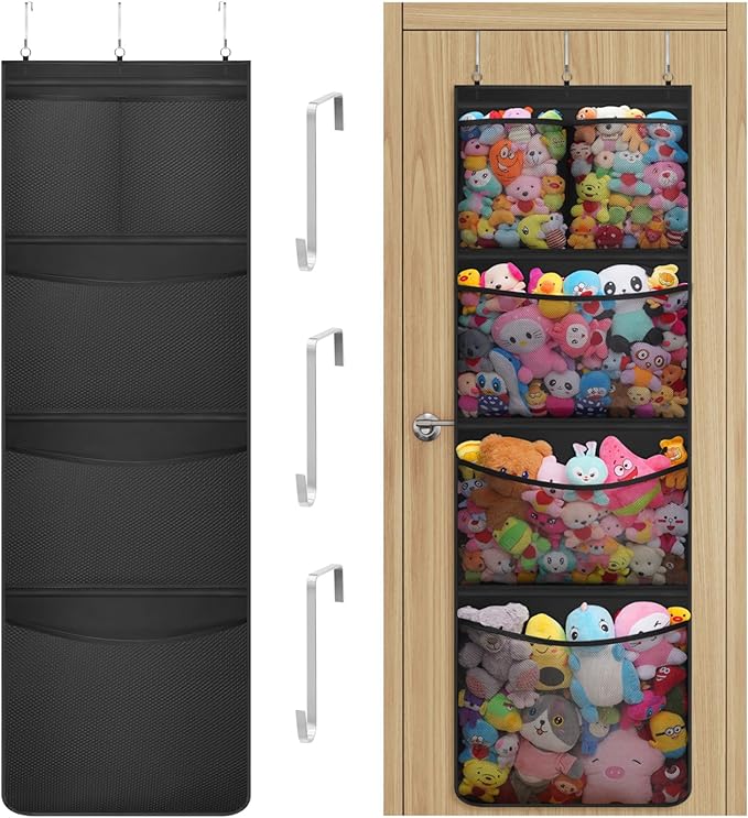 Lifewit Stuffed Animal Storage, Over the Door Organizer with 5 Expandable Mesh Pockets, Breathable Oxford Fabric Hanging Kid Baby Plush Toy Holder for Nursery, 167 cm (65.8'') High, Black, 1 Pack
