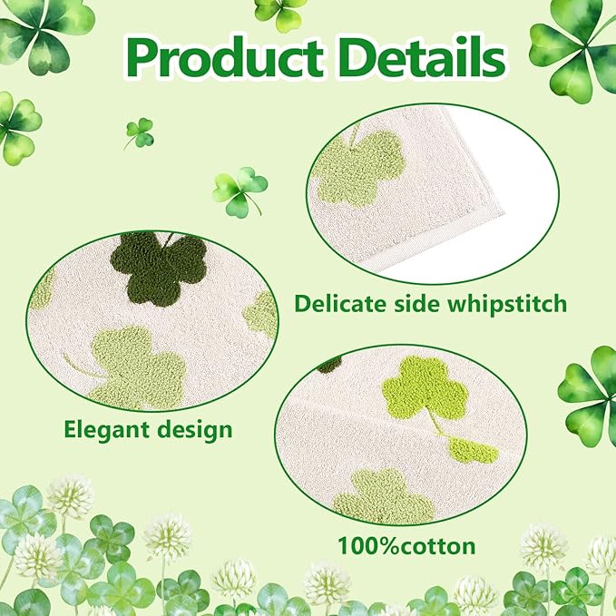 2 Pack St. Patrick's Day Hand Towels Green Clover Shamrocks 3D Embroidered 100% Cotton Soft Absorbent Bathroom Decorative Towels Set for Kitchen,Bathroom,Home,St. Patrick's Day Party,13.7'' x 29.5''