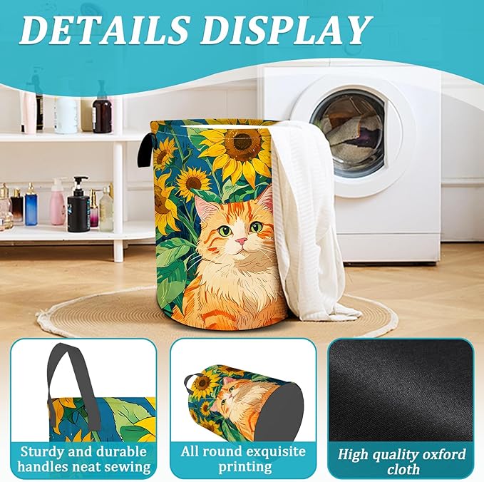 Cat Sunflower Laundry Basket, Foldable Waterproof Oxford Cloth Laundry Hamper Funny Tote Bag Dirty Clothes Storage Bucket Toy Organizer for Bathroom/Laundry/Bedroom 15.7"x19.6"