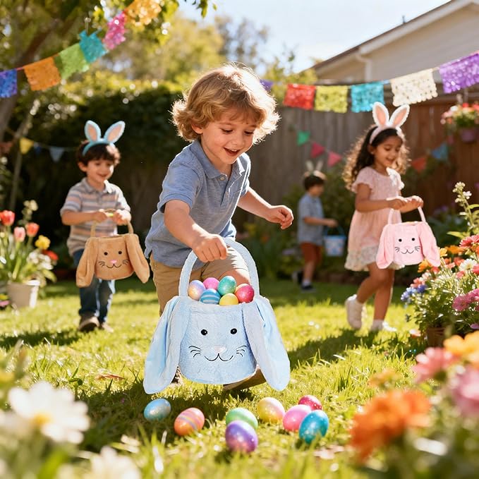 Easter Bunny Basket for Kids, Fluffy Easter Egg Hunt Bag Soft Fabric, Cute Rabbit Tote Bags with Long Plush Ear Easter Tote Bags for Candy Gifts Storage (Blue)