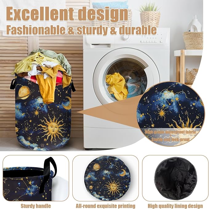 Sun Moon Laundry Basket, Foldable Cloudy Starry Night Laundry Hamper Tote Bag Dirty Clothes Storage Bucket Toy Organizer for Bathroom/Laundry/Bedroom 15.7"x19.6"