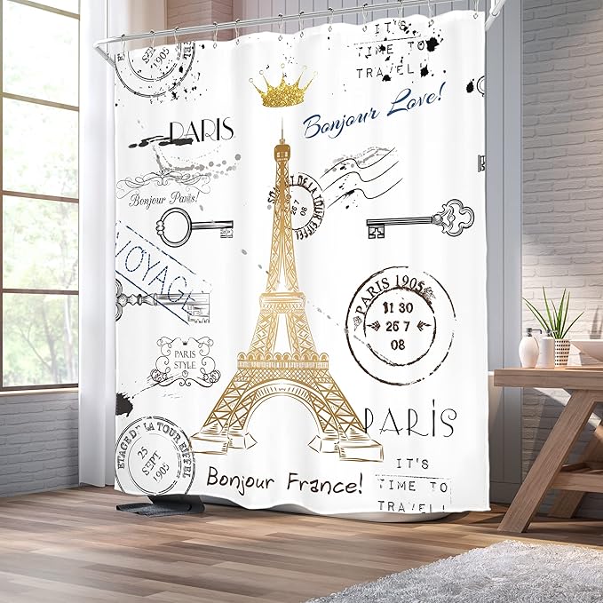 Homewelle Pairs Eiffel Tower Theme Shower Curtain for Bathroom Neutral French 60Wx72H Golden Lettering European France Crown Post Card Retro Stamp Modern Waterproof Polyester Fabric Bathroom Bathtub