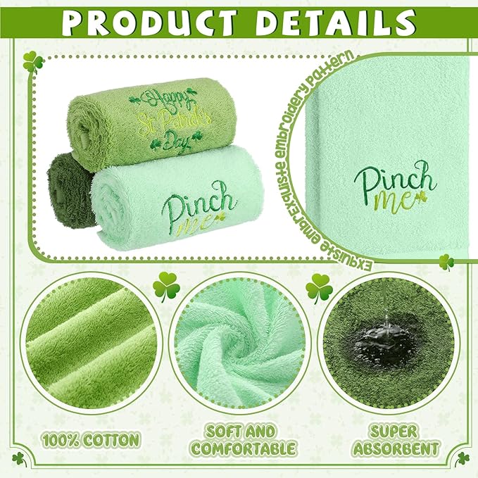 3 Pack Saint Patrick's Day Hand Towels 13.4 x 29.2 Inch Cotton Embroidered Lucky St Patricks Day Bathroom Towel Absorbent St. Patrick's Decorative for Hand Drying Cleaning Gift