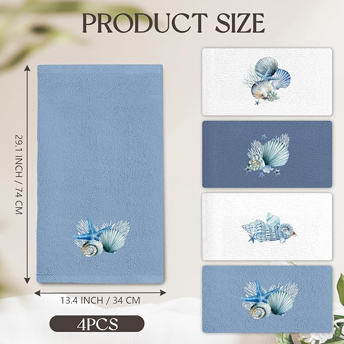4 Pcs Ocean Hand Towels for Bathroom Shells Hand Towels Blue Embroidered Towel Coastal Bath Towel Decorative Set Bathroom Decor Bath Shower Farmhouse Decor Housewarming Gift Shell Home Essentials