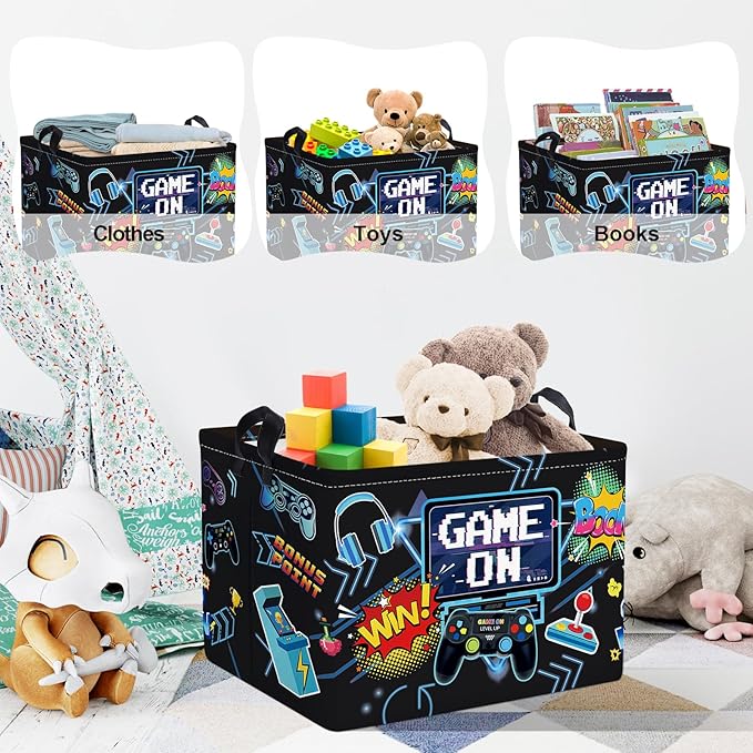 Clastyle Cool Game Storage Basket Kid Game Controller Clothes Laundry Hamper Collapsible Boy Toy Box for Nursery Palyroom,Black,40 * 30 * 30 cm