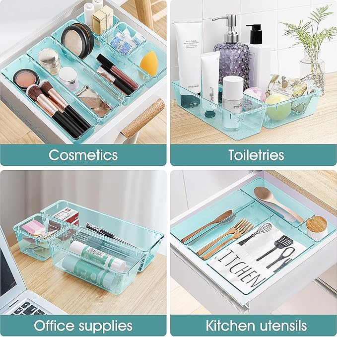 WOWBOX 30 PCS Clear Plastic Drawer Organizer Set, 5 Sizes Desk Drawer Divider Organizers and Storage Bins for Makeup, Jewelry, Gadgets for Kitchen, Bedroom, Bathroom, Office,Sea Blue