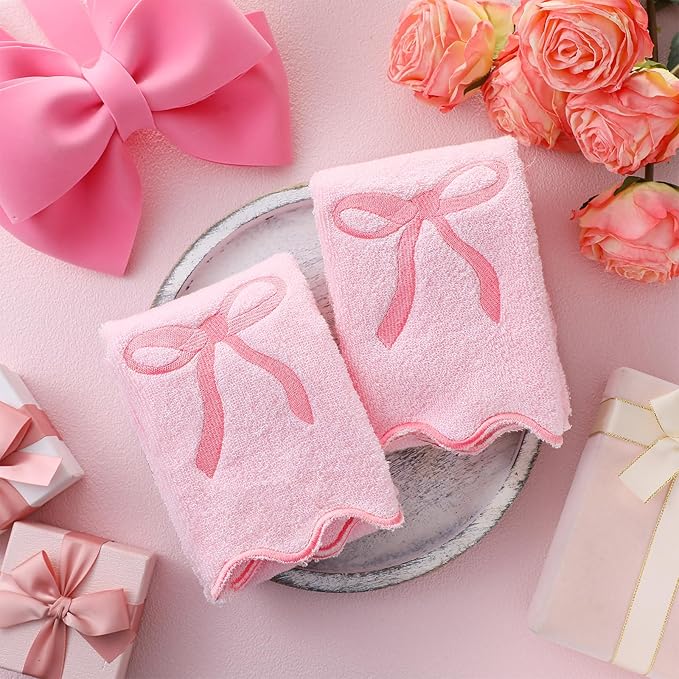 2 Pcs Pink Scalloped Hand Towels for Bathroom 26 x 13 Embroidery Coquette Bow Hand Towels 100% Cotton Soft Absorbent Boho Bath Decor for Kitchen Bathroom
