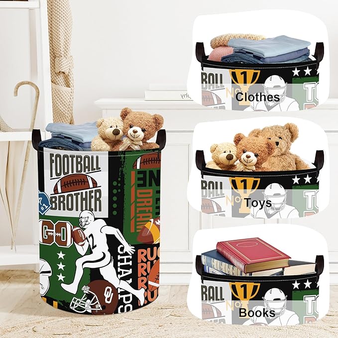 Comic Balls Baby Laundry Hamper Collapsible Clothes Kids Storage Basket Large Boys Gift Toy Box Bin for Nursery Room, Rugby, 63L