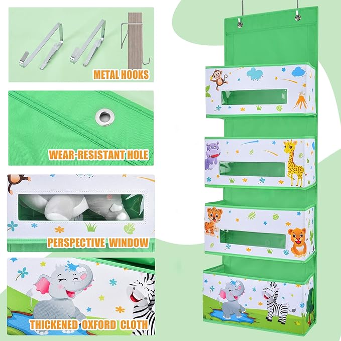 WERNNSAI Jungle Animal Over the Door Hanging Organizer - 4 Clear Window Pockets, Oxford Cloth Material, Suitable for Children's Rooms, Kindergartens, Nurseries
