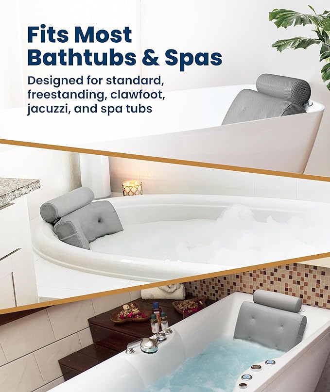 Everlasting Comfort Luxury Bath Pillow for Tub with Head & Neck Support – Non-Slip Bathtub Pillow with Suction Cups, Quick-Dry Mesh & Hook, Spa Accessory – Gray (Pack of 2)