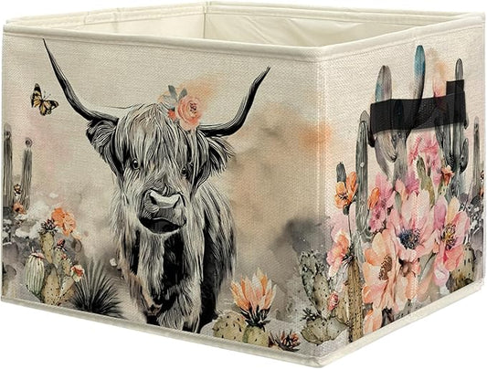 Western Highland Cow Storage Bins, Boho Western Floral Cactus Highland Cow Collapsible Storage Box Laundry Basket with Handle for Home Bedroom Bathroom Office Clothes Toys Books
