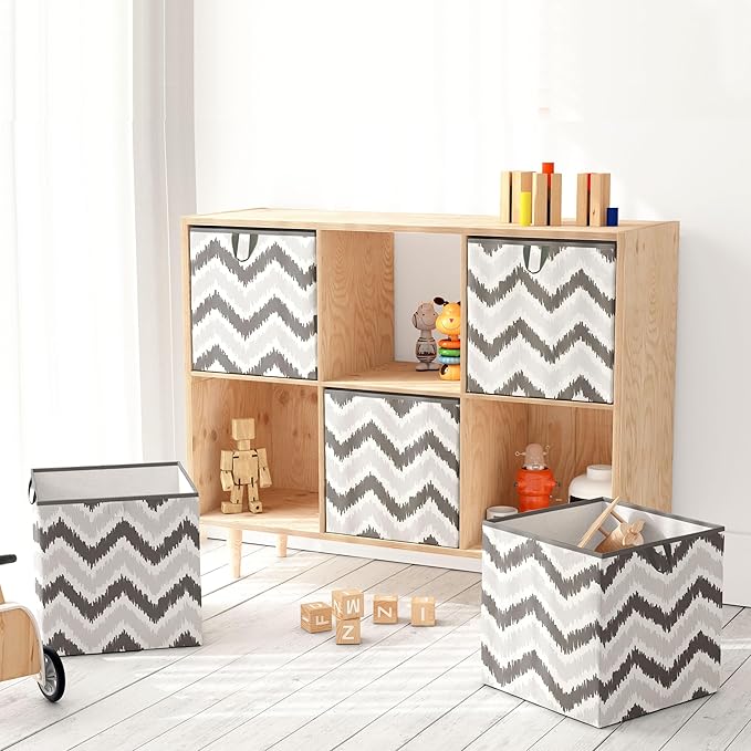 Bacati - Large Storage Tote Mix N Match Ikat Chevron/Dots Grey 14 x 14 x 10 inches