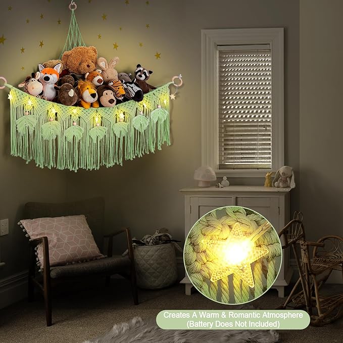 ANROYE Macrame Stuffed Animal Storage with Star Light, Bear Green Hammock for Girls Room Decor, Corner Hanging Mesh Organizer Idea for Nursery, Plushies Toy Wall Hanging Display Holder Kid Boy Gift