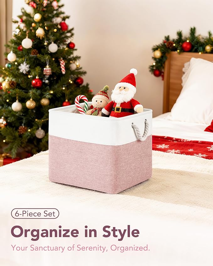 13x15x13 Storage Cube Bins, Heavy Duty Foldable Fabric Storage Bins with Handles and Metal Frame, 6 Pack Large Closet Organizer Bins for Clothes, Socks, Towels, White Pink