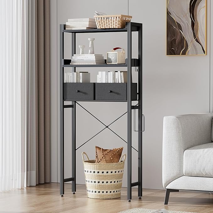 Housolution Over The Toilet Storage with 2 Drawers, 3 Tier Over Toilet Bathroom Organizer with Height Adjustable Shelves and Hooks, Space Saver Above Toilet for Bathroom/Restroom/Laundry, Black