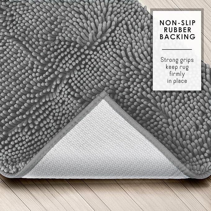 Hearth & Harbor Bathroom Rugs, Chenille Bath Mat - Machine Washable Bath Mats for Bathroom Non-Slip Backing Rubber, Quick Dry Bathroom Mat, 17 x 24 + 20 x 32 - Frost Grey